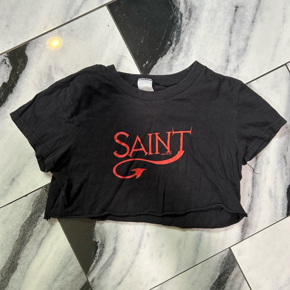 Black Crop Top with Red 'Saint' Graphic
